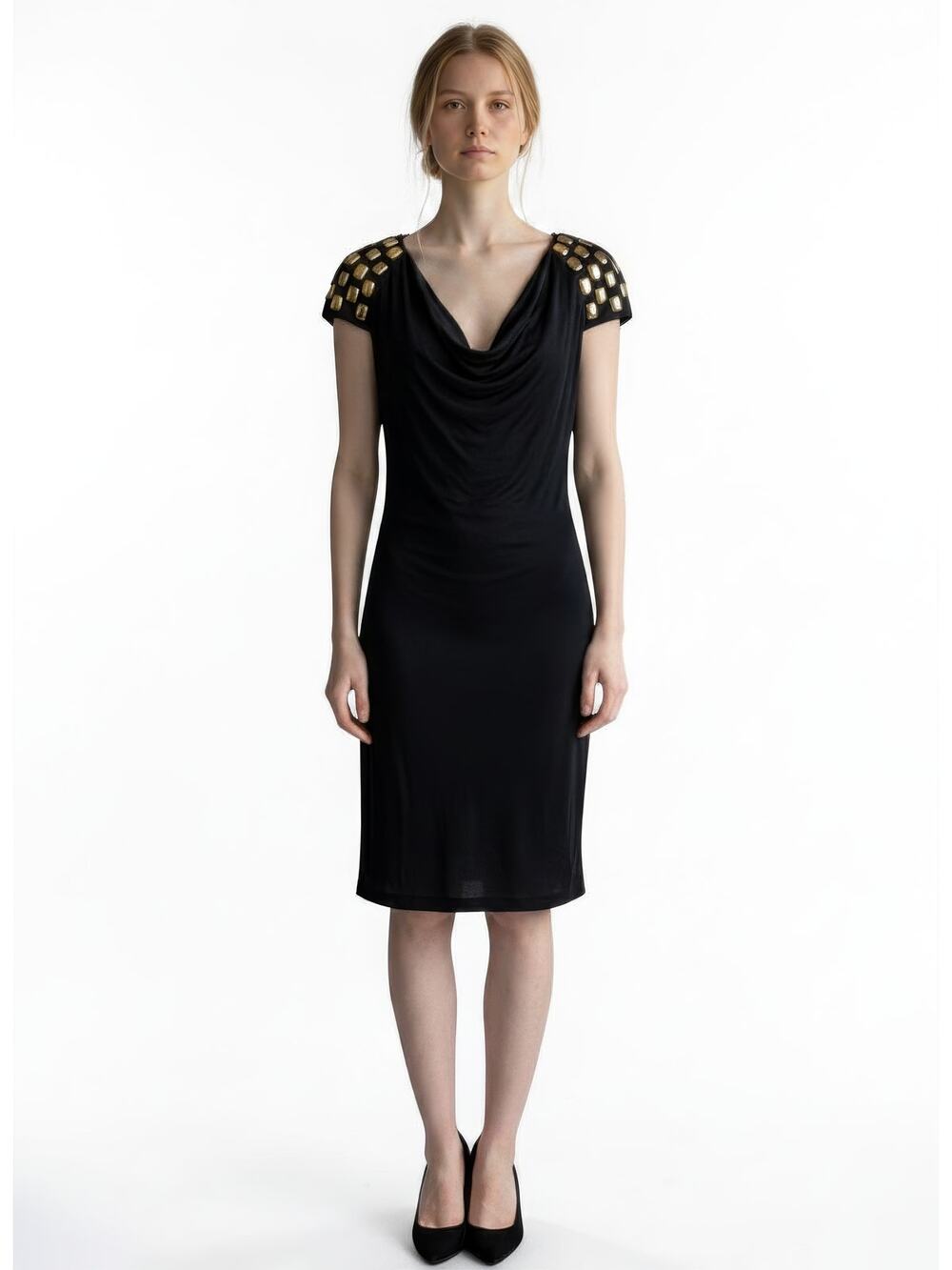 Stunning Statement Nick Verreos Black Dress Size S Gold Studs Detail S